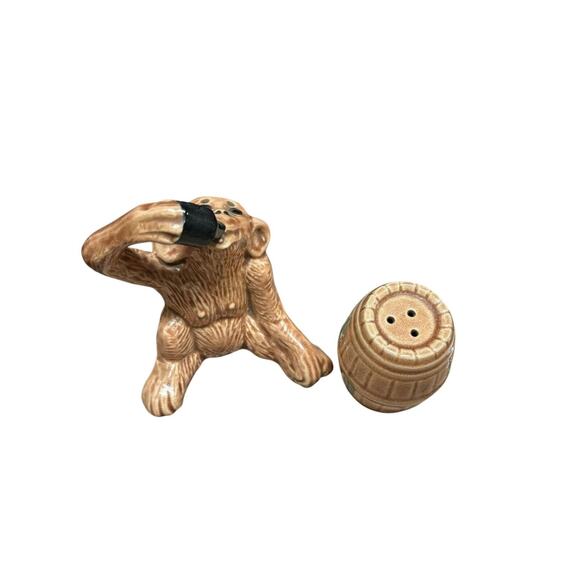 Vintage Drinking Chimp and Whiskey Barrel Salt and Pepper Shaker Set Ceramic - Picture 2 of 7